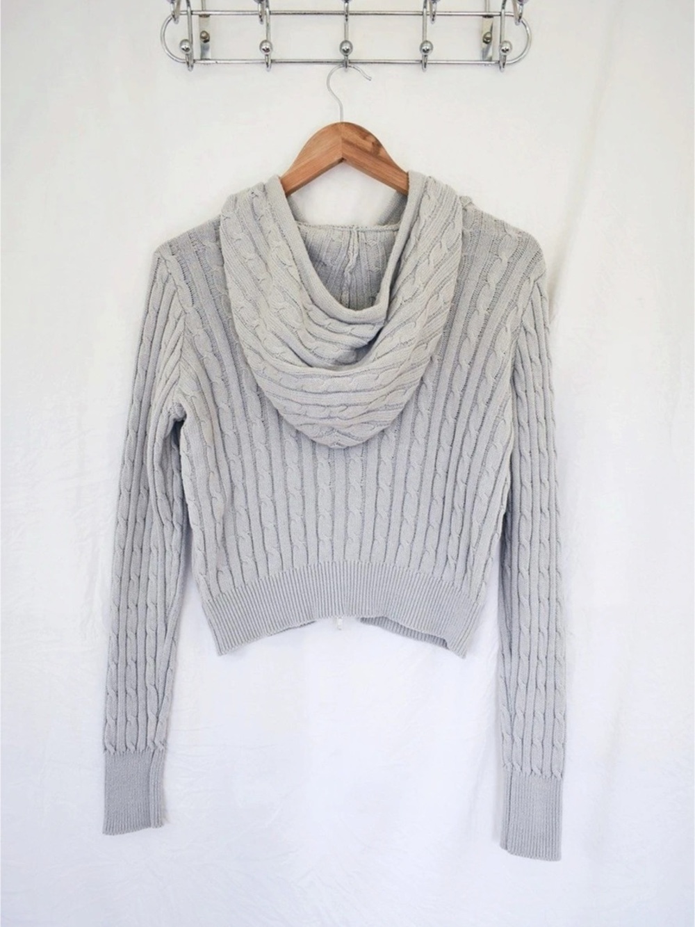 Y2K Cable Knit Zip Up Hoodie Lightweight Heather Gray Size S - Picture 4 of 7